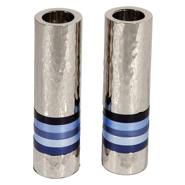 Cylinder Candlesticks - Hammer Work + Rings - Blue 