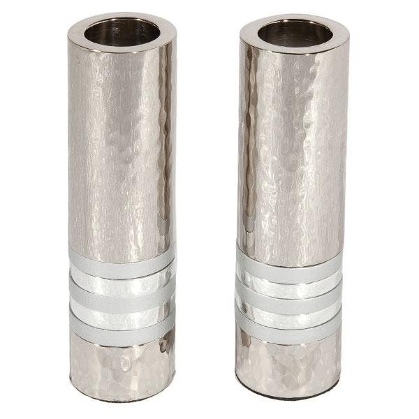 Cylinder Candlesticks - Hammer Work + Rings -Silver 