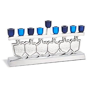 Dancing Dreidels Menorah with Multi-Blue Anodized Cups 