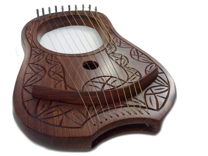 Dark Wood Carved Biblical Lyre Harp 10 String Harp & Bag 