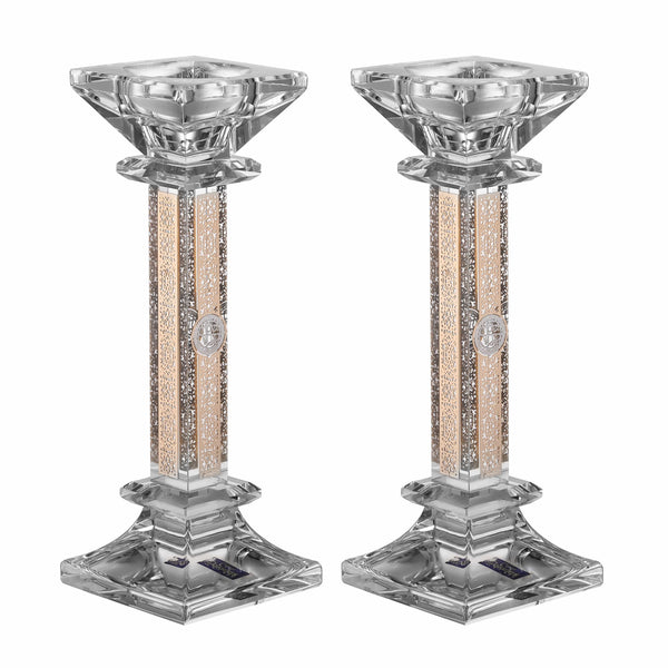 Set of Crystal Candlesticks with Gold Plate on 4 Sides-0