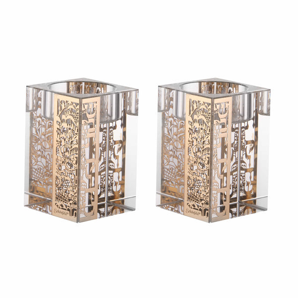 Set of Crystal Tealight Candle Holders 4 Gold Plates Jerusalem Design-0