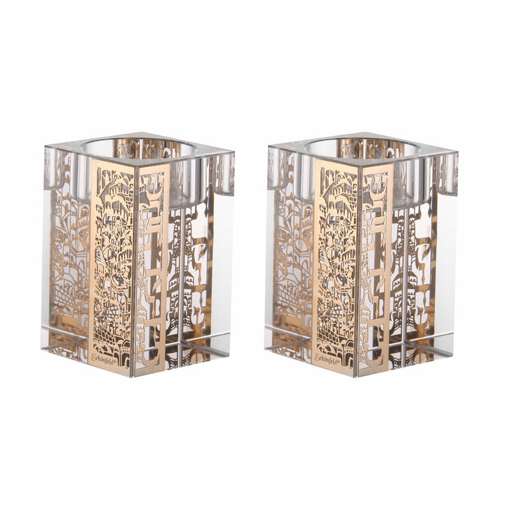 Set of Crystal Tealight Candle Holders 4 Gold Plates Jerusalem Design-0
