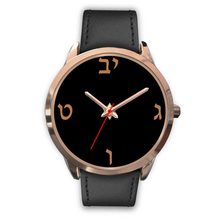 Elegant Hebrew Dial Wrist Watch Rose Gold Watch Mens 40mm Black Leather 