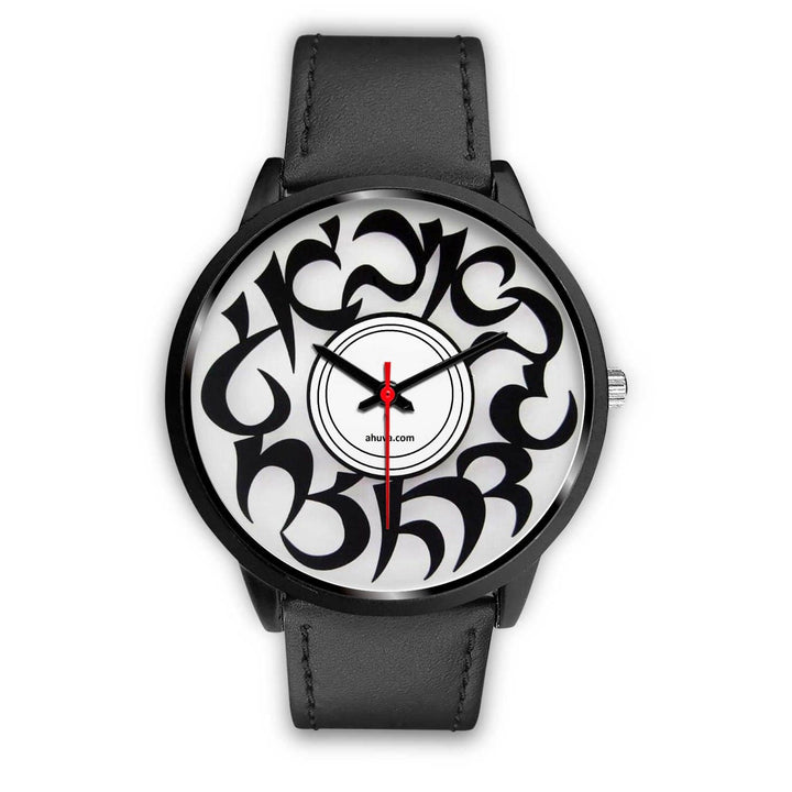 Elegant Hebrew Letters Watch Black Black Watch Mens 40mm Black Leather 