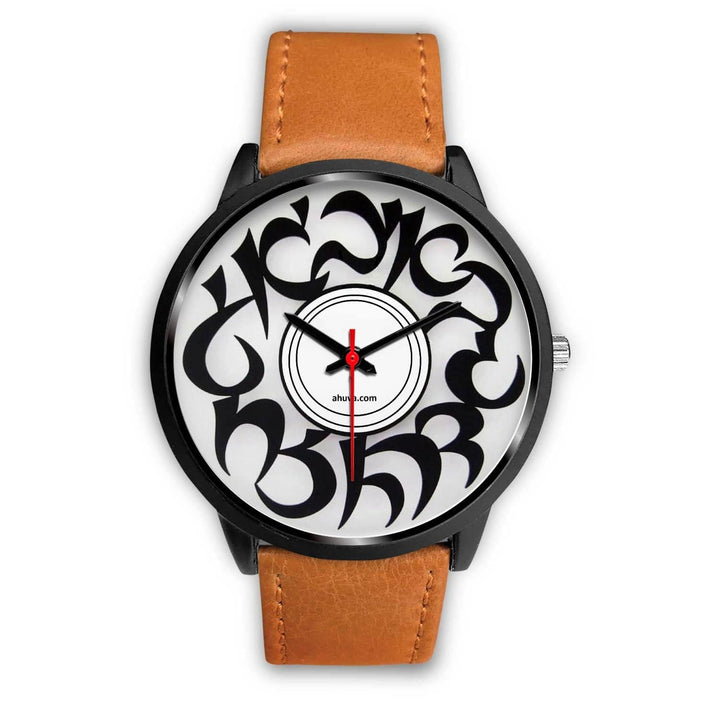 Elegant Hebrew Letters Watch Black Black Watch Mens 40mm Brown Leather 