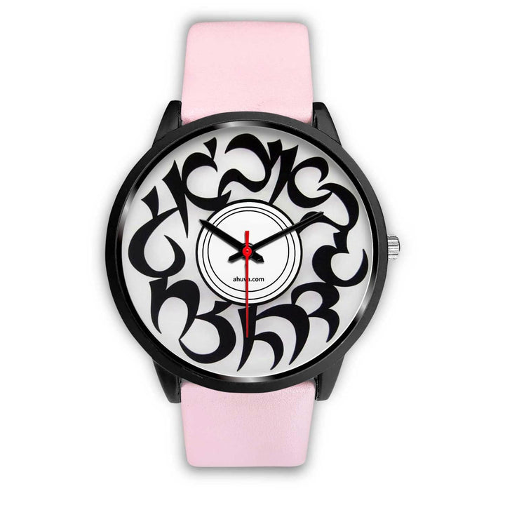 Elegant Hebrew Letters Watch Black Black Watch Mens 40mm Pink Leather 