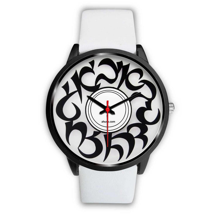 Elegant Hebrew Letters Watch Black Black Watch Mens 40mm White Leather 