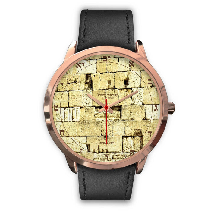 Elegant Hebrew Watch Kosel Western Wall Rose Gold Watch Mens 40mm Black Leather 