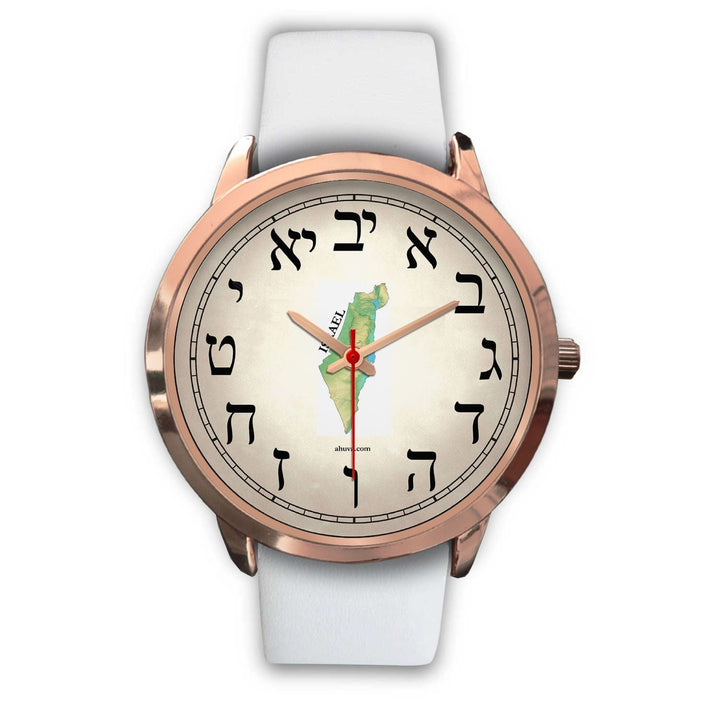 Elegant Hebrew Watch Map of Israel Silver Rose Gold Watch Mens 40mm White Leather 