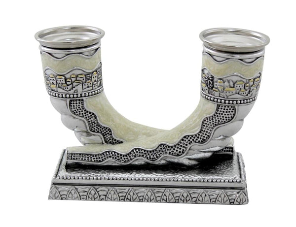 Elegant Silvered Polyresin Shofar Candlesticks With Jerusalem Enamel 11x15 Cm Candle Holders 