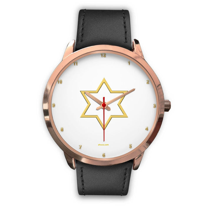 Elegant Star of David Watch Rose Gold Watch Mens 40mm Black Leather 