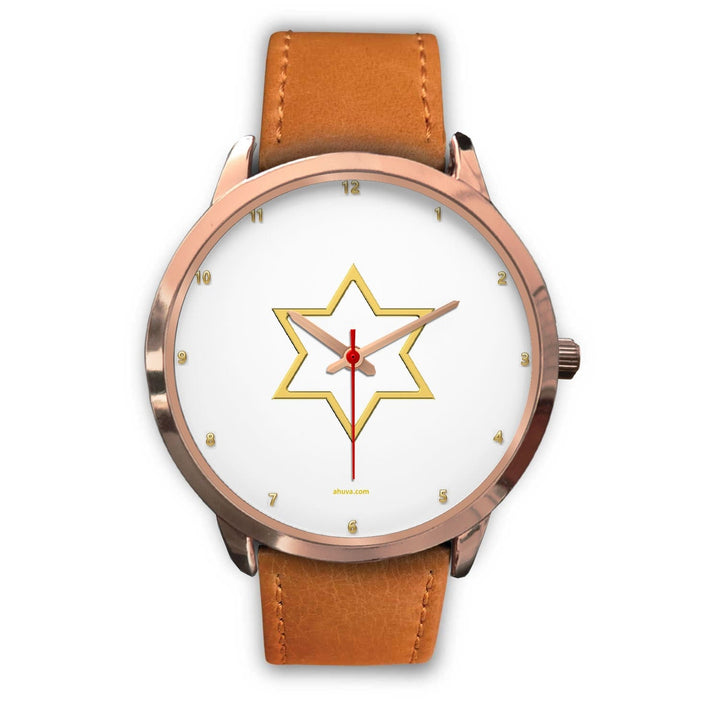 Elegant Star of David Watch Rose Gold Watch Mens 40mm Brown Leather 