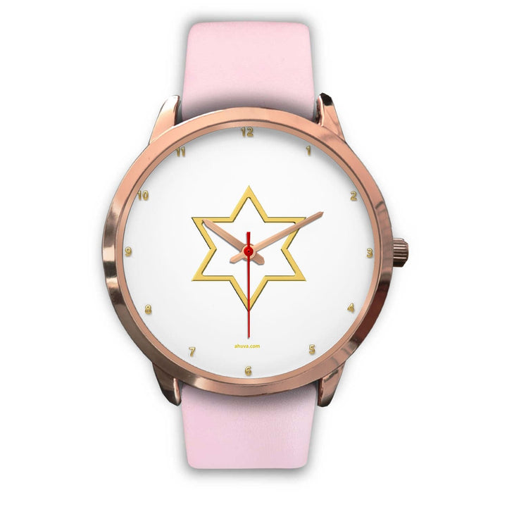 Elegant Star of David Watch Rose Gold Watch Mens 40mm Pink Leather 