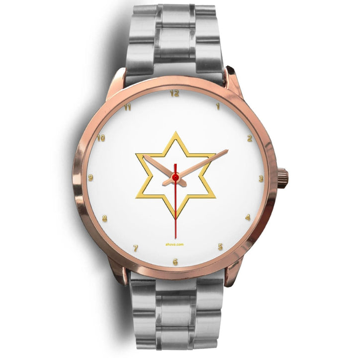 Elegant Star of David Watch Rose Gold Watch Mens 40mm Silver Metal Link 
