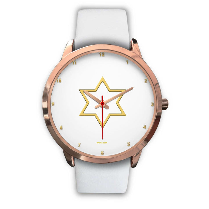 Elegant Star of David Watch Rose Gold Watch Mens 40mm White Leather 