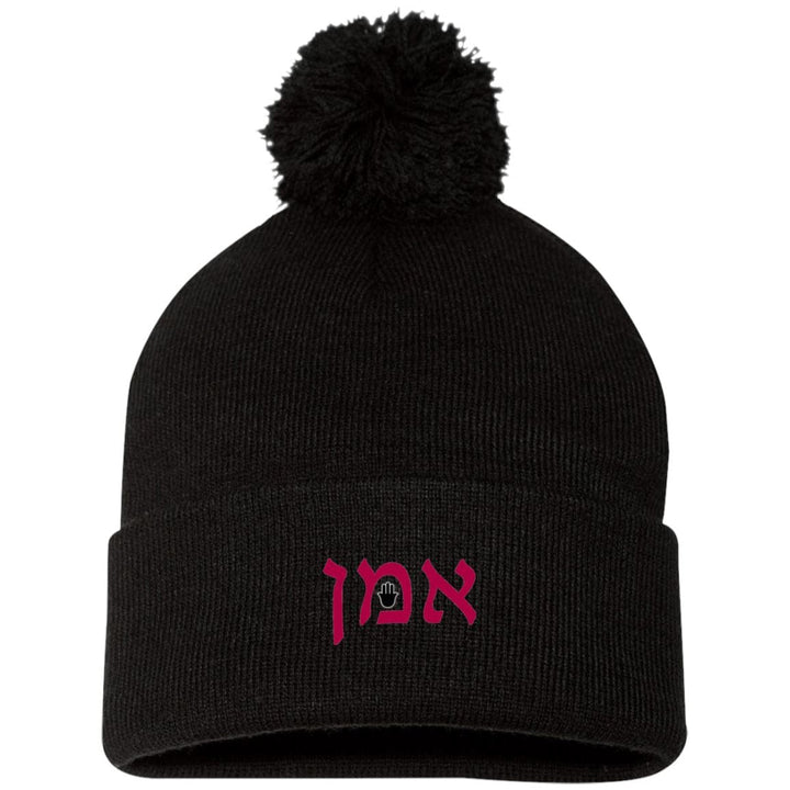 Embroidered Hebrew Pom Pom Knit Cap Hat Hats Black One Size 