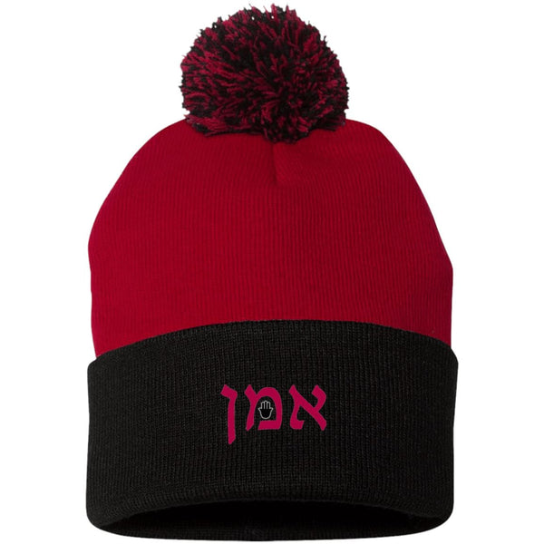 Embroidered Hebrew Pom Pom Knit Cap Hat Hats Black/Red One Size 