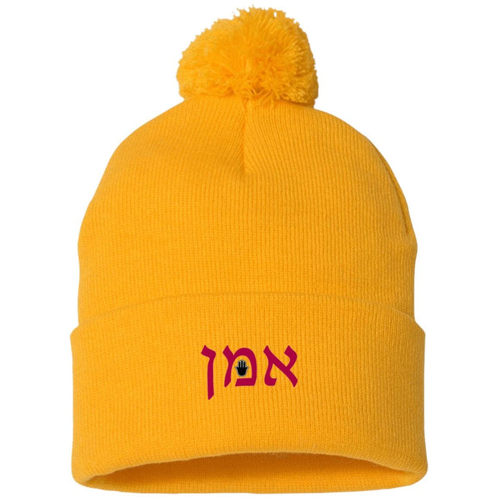 Embroidered Hebrew Pom Pom Knit Cap Hat Hats Gold One Size 