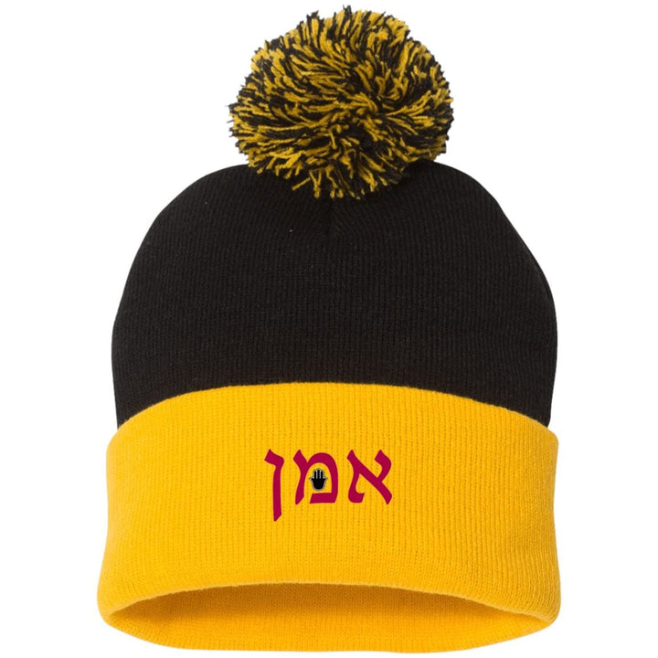 Embroidered Hebrew Pom Pom Knit Cap Hat Hats Gold/Black One Size 