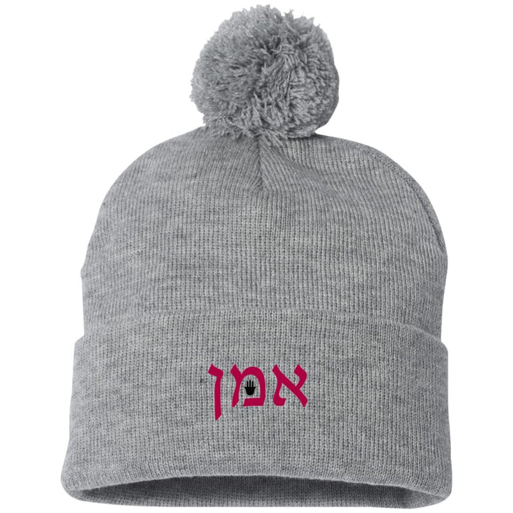 Embroidered Hebrew Pom Pom Knit Cap Hat Hats Heather Grey One Size 