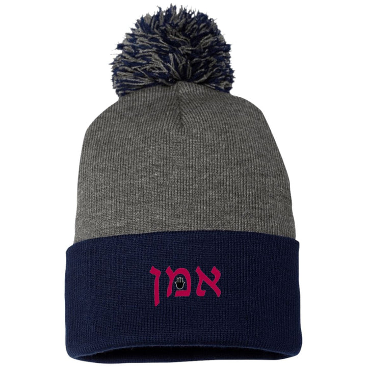 Embroidered Hebrew Pom Pom Knit Cap Hat Hats Navy/Dark Heather One Size 