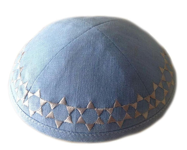 Embroidered Star Kippahs - Baby Blue Linen 