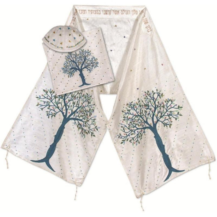 Embroidered Tree Of Life Tallit In Colors Turquoise 