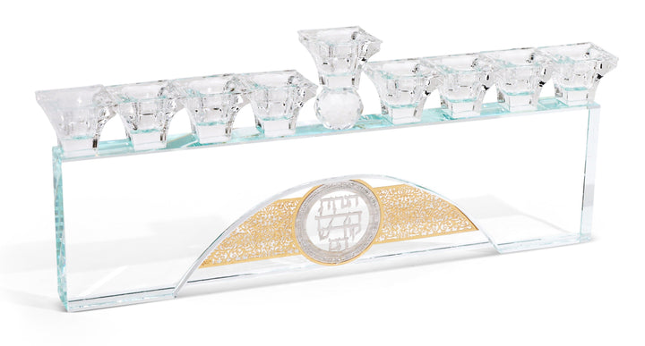 Crystal Menorah with Silver & Gold Blessing Plates-0