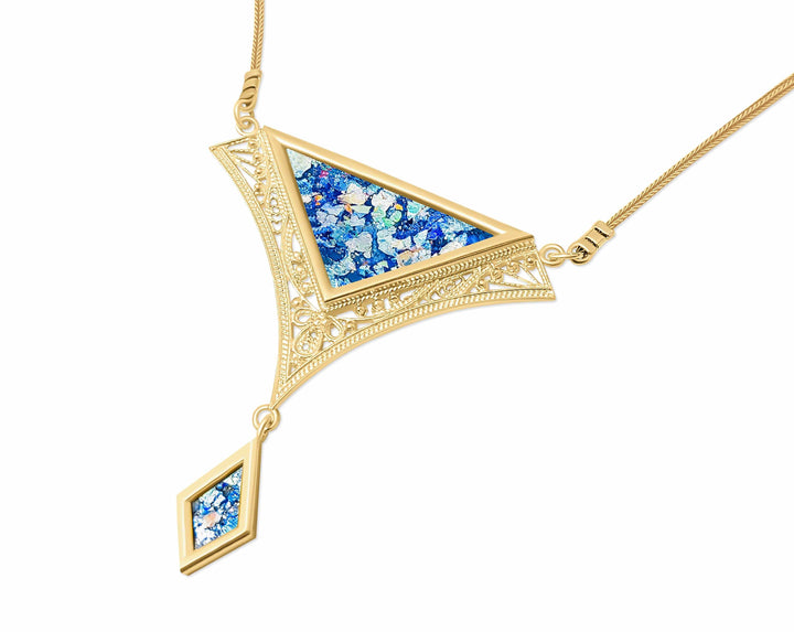 Filigree Roman Glass Pendant Necklace 14 Karat Gold 