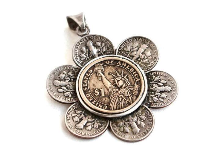 Flower USA Coins Liberty Necklace - US Dimes and Dollar Coin Pendant 