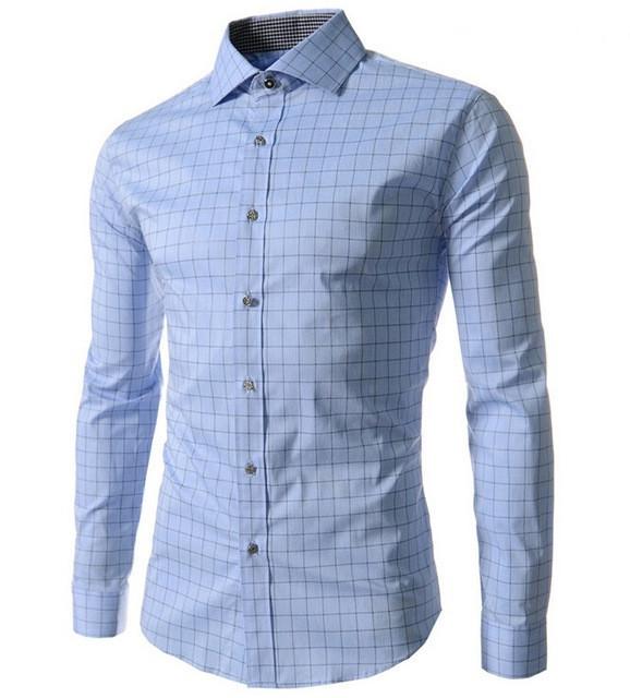 Formal Men Plaid Shirt Long Sleeve Flannel Holiday Shirt Checkered apparel Sky Blue XS 
