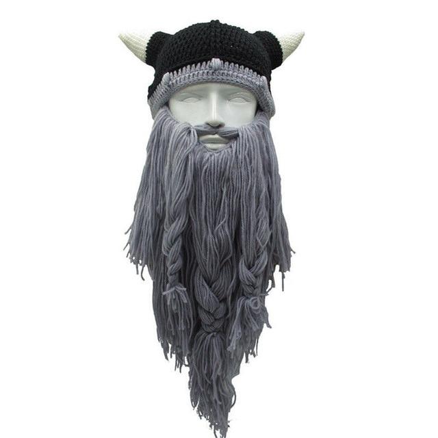 Funny Purim Knitted Beard Horn Hat Light grey 