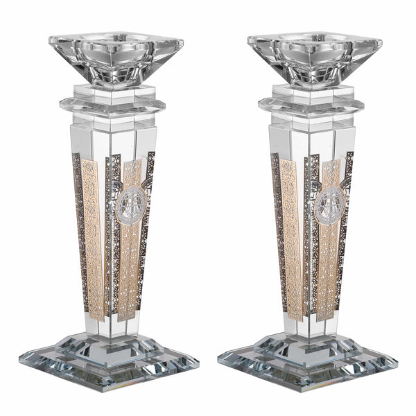 Set of Crystal Candlesticks with Gold Plate on 4 Sides 8.5"-0