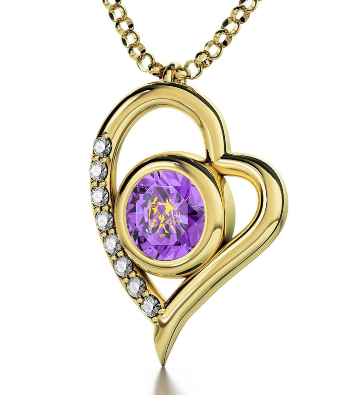 Gemini Sign, 14k Gold Diamonds Necklace, Swarovski Necklace Violet Light Amethyst 