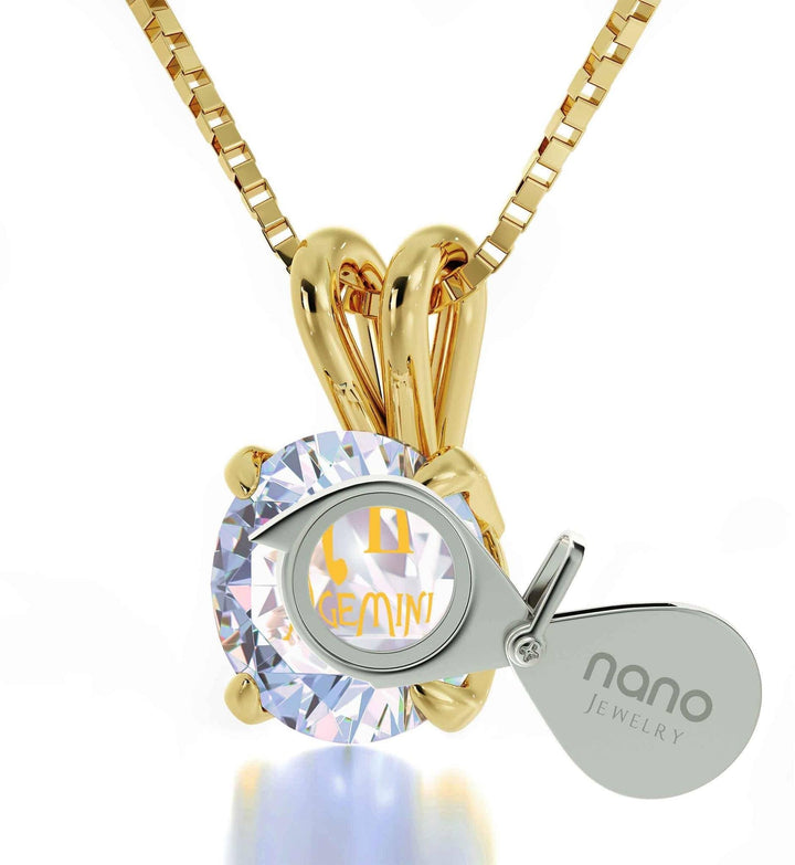 Gemini Sign, 14k Gold Necklace, Swarovski Necklace 