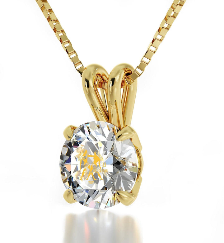 Gemini Sign, 14k Gold Necklace, Swarovski Necklace Clear Crystal 