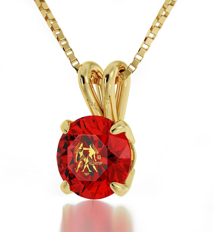 Gemini Sign, 14k Gold Necklace, Swarovski Necklace Red Garnet 