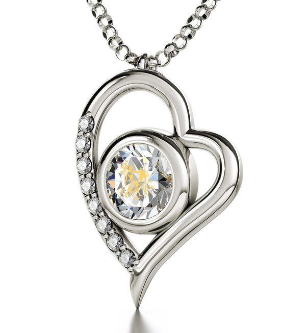 Gemini Sign, 14k White Gold Diamonds Necklace, Swarovski Necklace Clear Crystal 