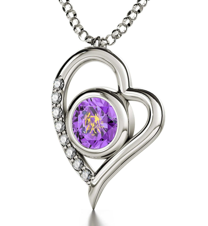 Gemini Sign, 14k White Gold Diamonds Necklace, Swarovski Necklace Violet Light Amethyst 