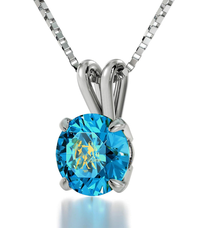 Gemini Sign, 14k White Gold Necklace, Swarovski Necklace Turquoise Blue-Topaz 