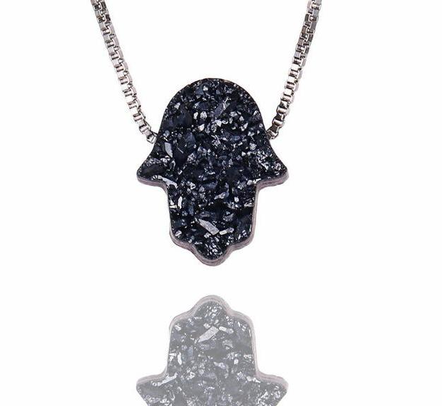 Gemstone Hamsa Hand Crystal Pendant Necklace Black 