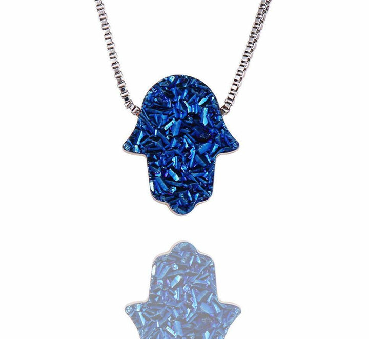 Gemstone Hamsa Hand Crystal Pendant Necklace Blue 