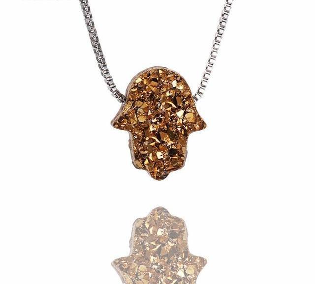 Gemstone Hamsa Hand Crystal Pendant Necklace Gold 