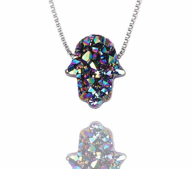 Gemstone Hamsa Hand Crystal Pendant Necklace Rainbow 