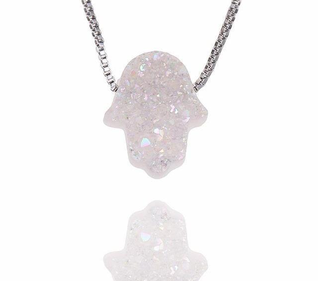 Gemstone Hamsa Hand Crystal Pendant Necklace White 