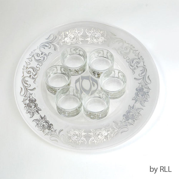 Glass 7 Pc Round Seder Set, Silver Floral Design, 13.5", Box PASSOVER, Pesach 