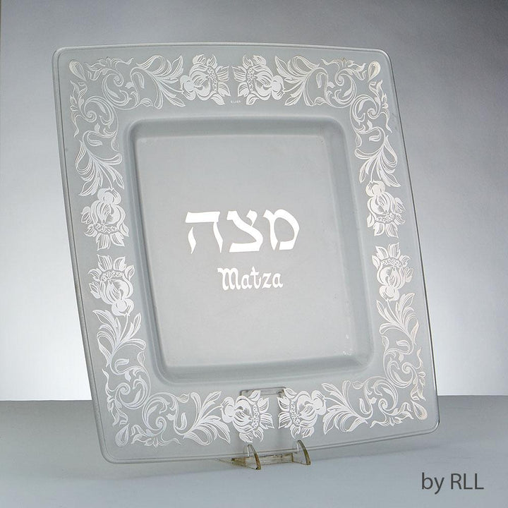Glass Matzah Tray With Silver Floral Design, 13", Box PASSOVER, Pesach 