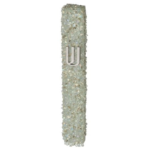 Glass Mezuzah With Stones 15 Cm- Gray And White Mezuzahs, Mezuzah, Jewish Door Post Scroll 