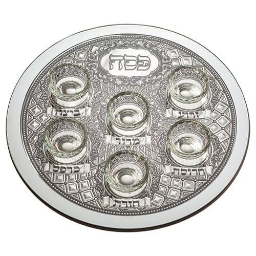 Glass Passover Tray With Metal Plaque 40 Cm, Inc. 6 Bowls Passover, Pesach 